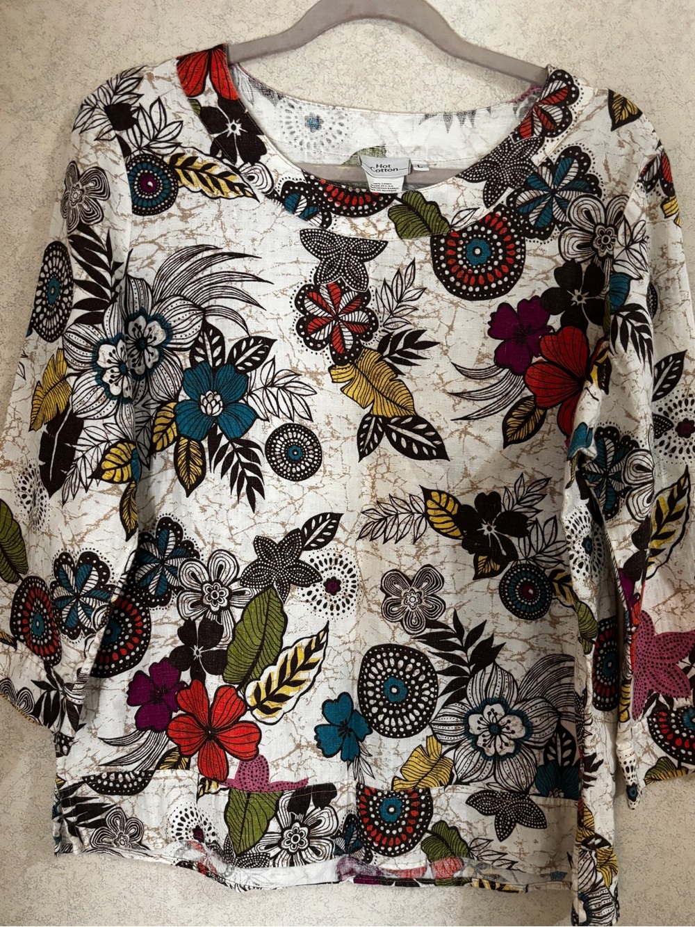 Hot Cotton 100% Linen Floral Batik Print Top Blouse Large Split Cuff